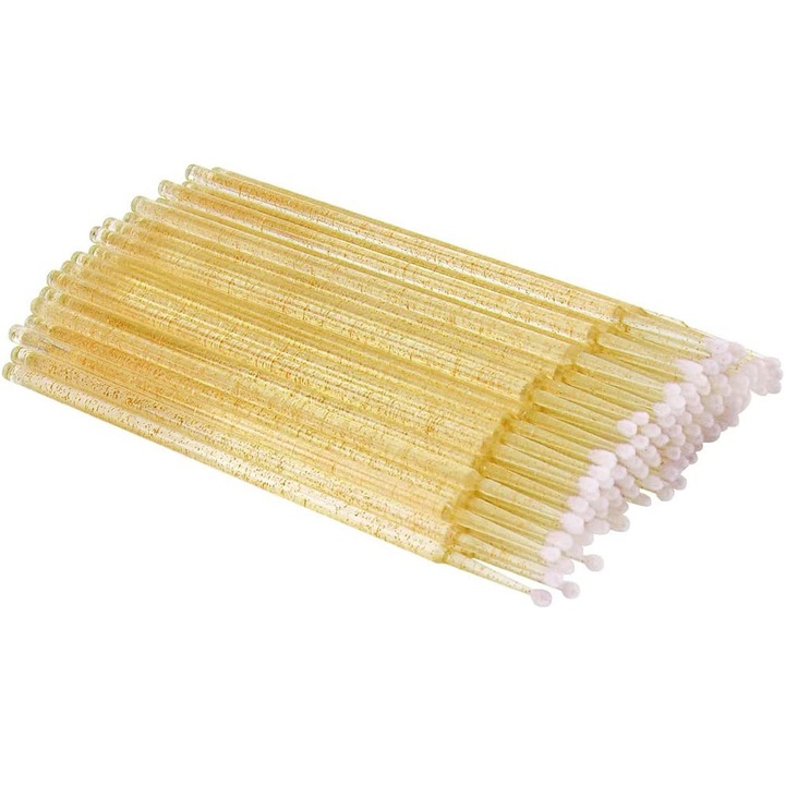 Szett 100 Micro Brush, szempilla hosszabbító mikroapplikátorok, sárga csillám