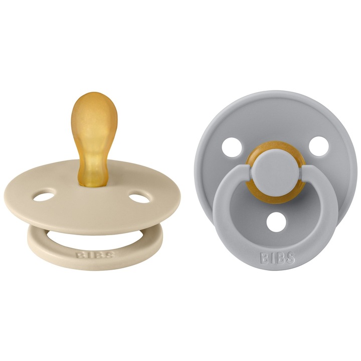 Set 2 Suzete BIBS Color, tetina simetrica, din cauciuc organic natural, Vanilla/Cloud, 6-18 luni