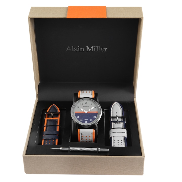 Комплект Alain Miller, мъжки часовник с 2 резервни каишки от имитация на кожа, сиво-оранжев