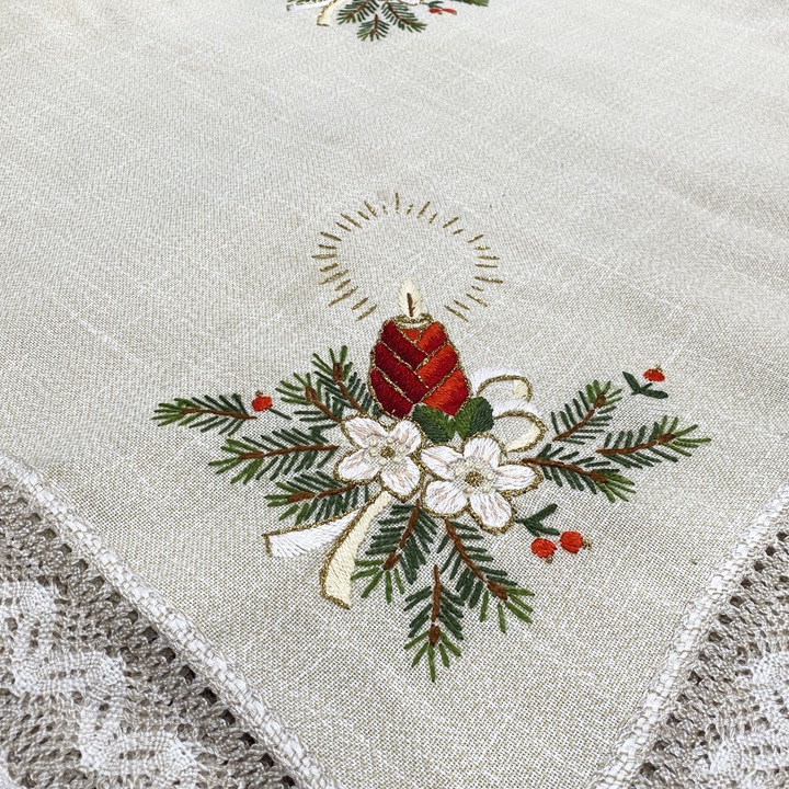 Fata de masa dreptunghi, brodat manual, dantela crosetata, festiv de Craciun, 170 x 350