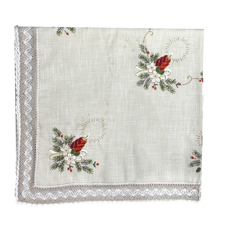Fata de masa dreptunghi, brodat manual, dantela crosetata, festiv de Craciun, 160 x 300