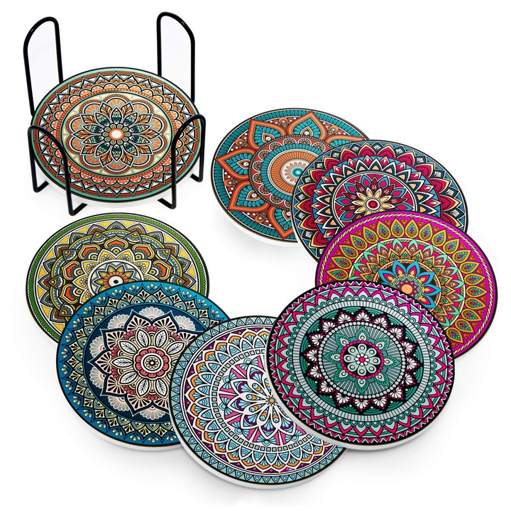 8 db boho mandala témájú pohártartóból és rendezőből álló készlet, nedvszívó kerámia anyagú tapadásmentes parafa alappal