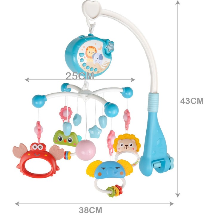 Carusel muzical cu rotire 360 de grade, cu pandantive colorate, cronometru, pronuntie numere in engleza, cantece vesele, proiector si Telecomanda, Blue