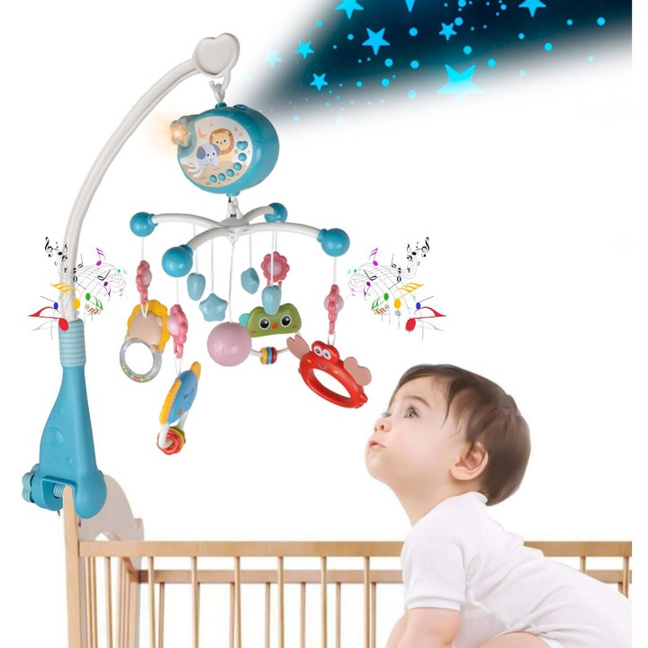 Carusel muzical cu rotire 360 de grade, cu pandantive colorate, cronometru, pronuntie numere in engleza, cantece vesele, proiector si Telecomanda, Blue