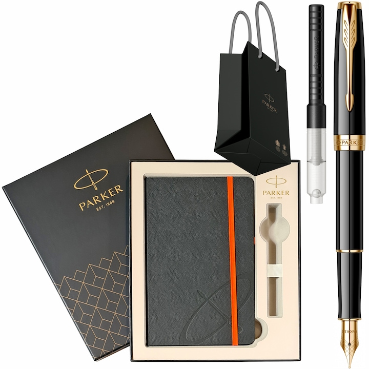 Stilou Parker Sonnet Royal Black GT cu gravura laser inclusa, convertor montat, cutie cu agenda si punga
