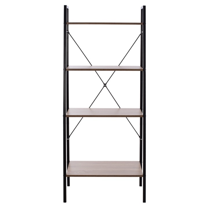 Fém keretes polc, 4 polc, fekete/natúr, 60x35x145 cm