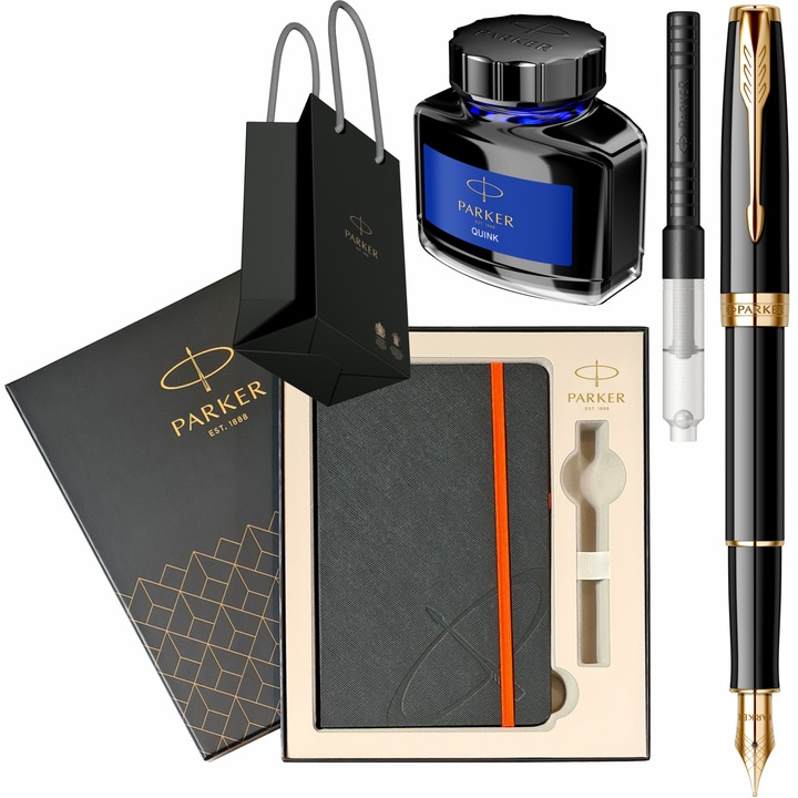 Set Parker Stilou Sonnet Royal Black GT cu gravura laser inclusa, convertor montat, calimara cerneala, cutie cu agenda si punga