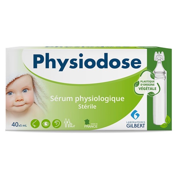 Физиологичен серум, Gilbert, Physiodose, стерилен изотоничен разтвор, пластмаса от растителен произход, рециклируема, 40x 5 ml монодози