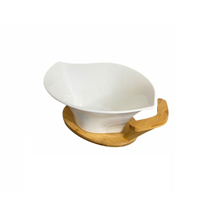 Bol servire, ceramica, cu supor de bambus, alb, 36x25x13 cm
