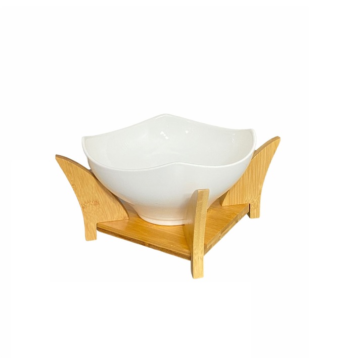 Bol servire, ceramica, cu supor de bambus, alb, 31x31x14 cm