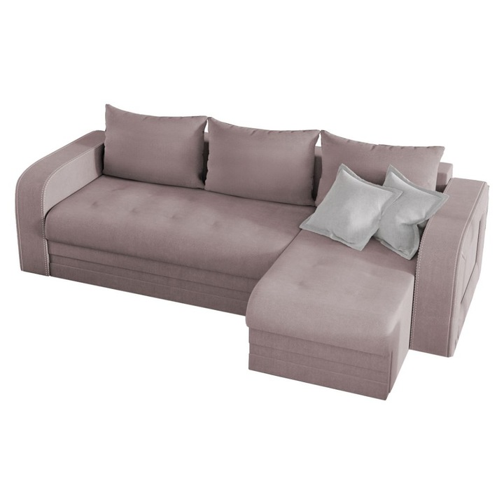 Coltar Juno, extensibil, cu lada depozitare, stofa, 250 x 147 x 80 cm, Roze