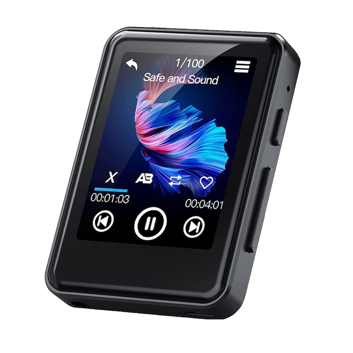 MP3 Player 64 GB cu Bluetooth 5,2, touchscreen 2,4 inch, difuzor incorporat, sunet HiFi, Ebook, ceas cu alarma, Radio FM, inregistrare voce, negru