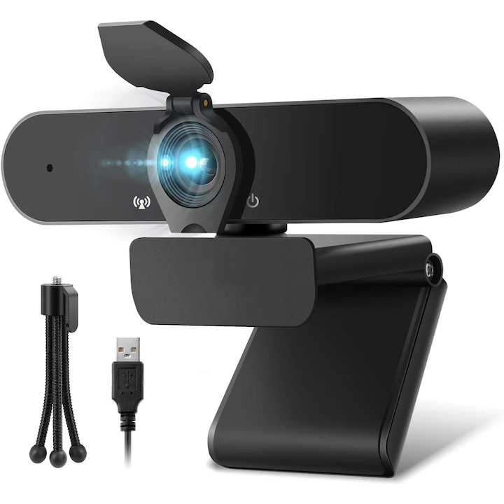 Уеб камера DYTIMEEM KU112, Full HD 4MP, Резолюция 2560x1440P, Вграден микрофон, Намаляване на шума, Автоматичен фокус, Завъртане на 360°, С включен статив и капак за поверителност, Черен
