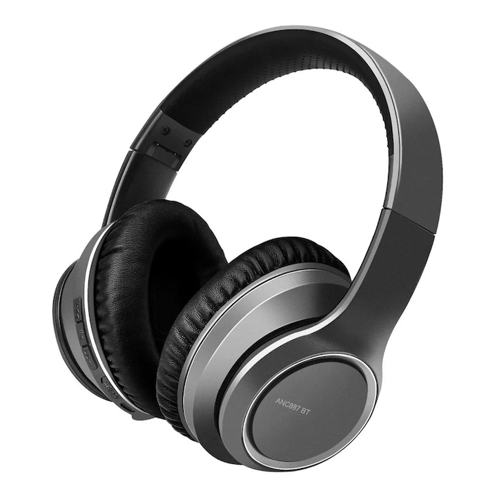 Casti Audio Over the Ear, Dytimeem, D9009, Pliabile, Wireless sau Jack 3.5, Bluetooth 5.0, Anularea activa a zgomotului ANC, Microfon, Autonomie 15 ore, Gray