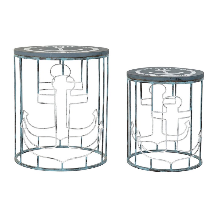 Комплект от 2 масички DKD Home Decor, Син, Бял, Метал, Дървен, MDF, 50 x 50 x 60 cm, 40 x 40 x 48 cm