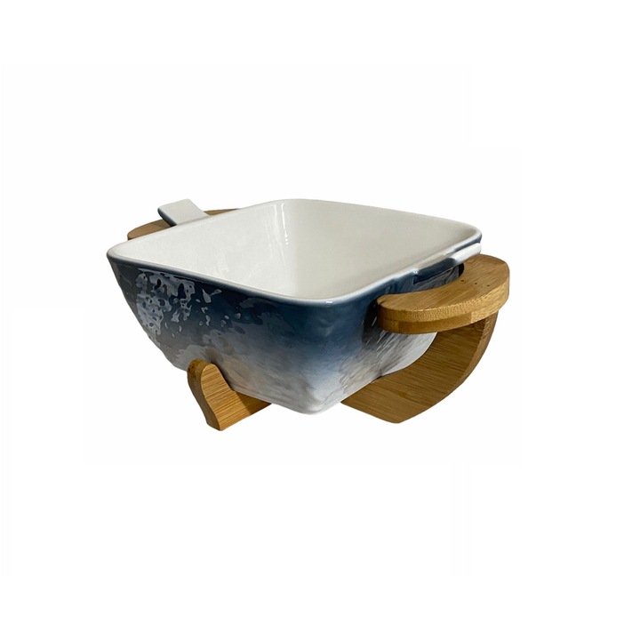 Bol servire, ceramica, cu supor de bambus, alb/albastru, 27x18x10 cm