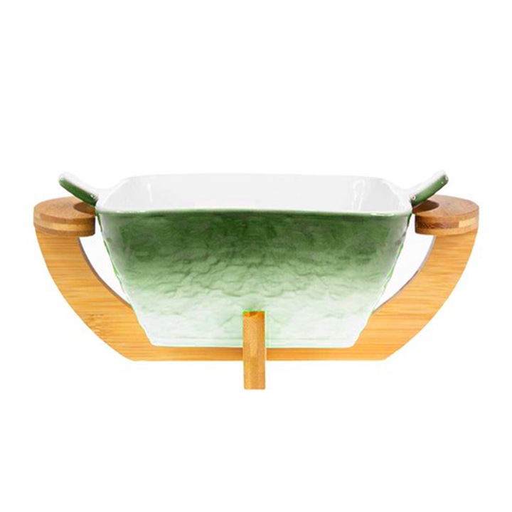 Bol servire, ceramica, cu supor de bambus, alb/verde, 27x18x10 cm
