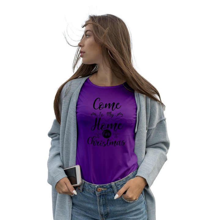 Tricou dama cu mesaj personalizat "Come to my home for Christmas", bumbac, Oktane, violet, XS
