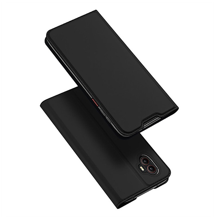 Калъф, за Samsung Galaxy Xcover6 Pro, Мека кожа, Държач за карти, Функция за стойка и магнитно затваряне, Черен