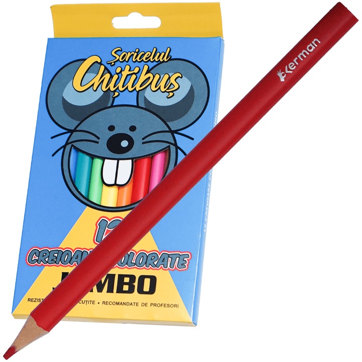 Creioane colorate Jumbo 12 buc preascutite pentru copii, Soricelul Chitibus