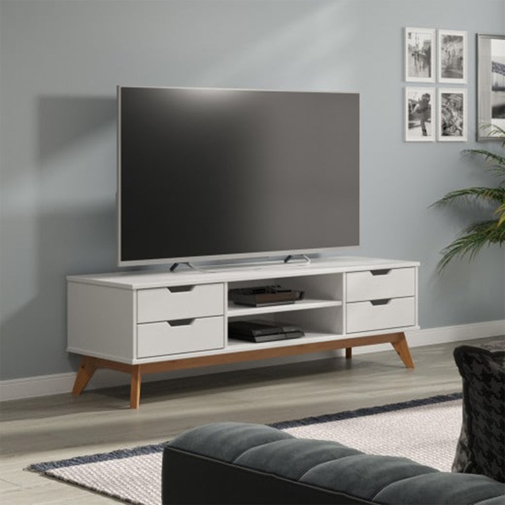 Comoda joasa Borneo Alb, 4 sertare, 2 rafturi, lemn de pin, 140 x 42 x 40 cm