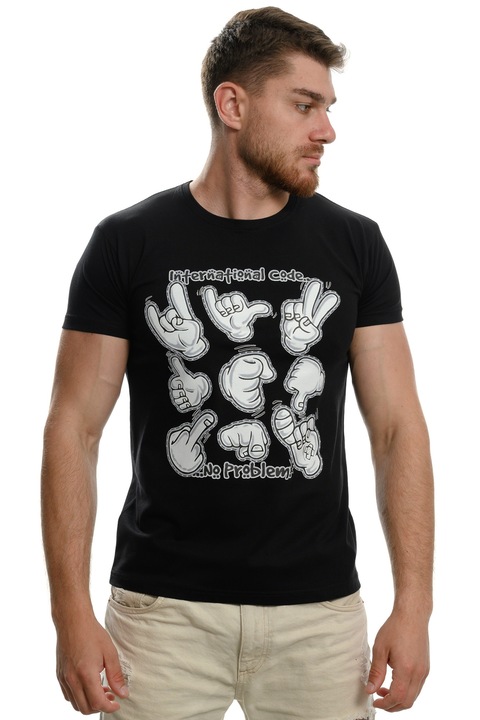 Férfi Printex póló, Ujjak, Nemzetközi Kód, Transzfernyomás, Fekete