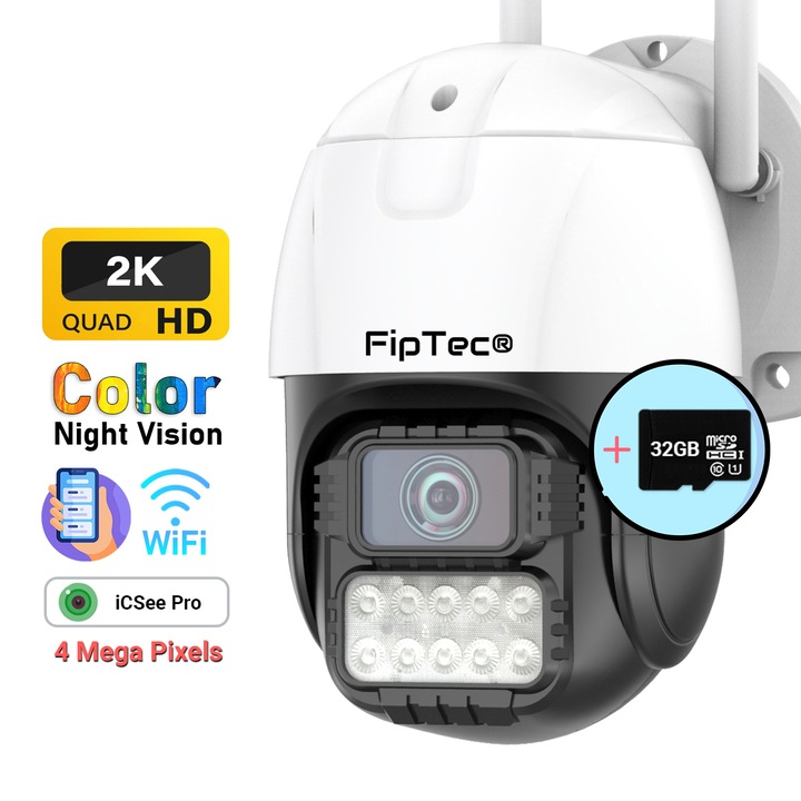 Смарт Камера за Видеонаблюдение с 32GB Карта Памет, WiFi, 2K QHD, Завъртане на 360°, Водоустойчива, Цветно Нощно Виждане до 25м, Детектор за Движение и Телефонни Известия, Автоматично Проследяване на Обект, Управление за Android, iOS и PC