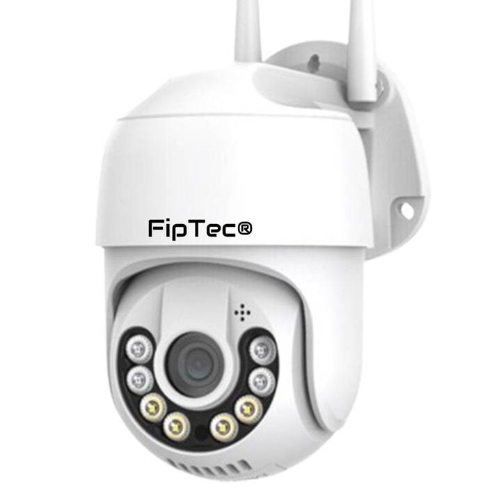 Intelligens megfigyelő kamera FipTec LO24 MAX, WiFi, 4K UHD, 360°-os forgatás, vízálló, színes éjszakai látás 25 méterig, mozgásérzékelő és telefonértesítések, automatikus objektumkövetés, vezérlés Android, iOS és PC számára