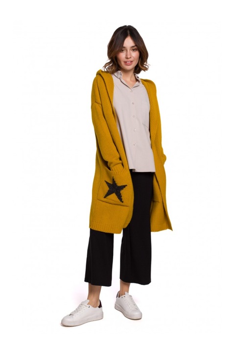 Cardigan cu gluga si imprimeu, Acrilic, Galben