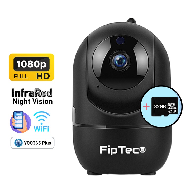 WiFi okoskamera FipTec LV06B 32 GB-os memóriakártyával, Full HD, mozgás- és hangriasztás, éjszakai látás, kétirányú hang és vezérlés Androidról, Apple-ről vagy számítógépről