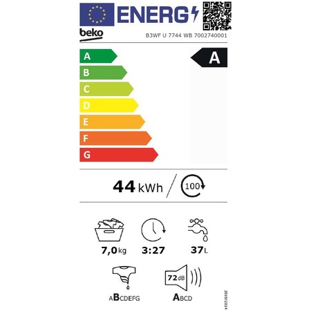 Пералня Beko B3WFU7744WB, 7 kg, 1400 об/мин, Клас A, ProSmart Inverter Motor, SteamCure, Recycled Tub, Homewhiz през Bluetooth, AddXtra, Бял