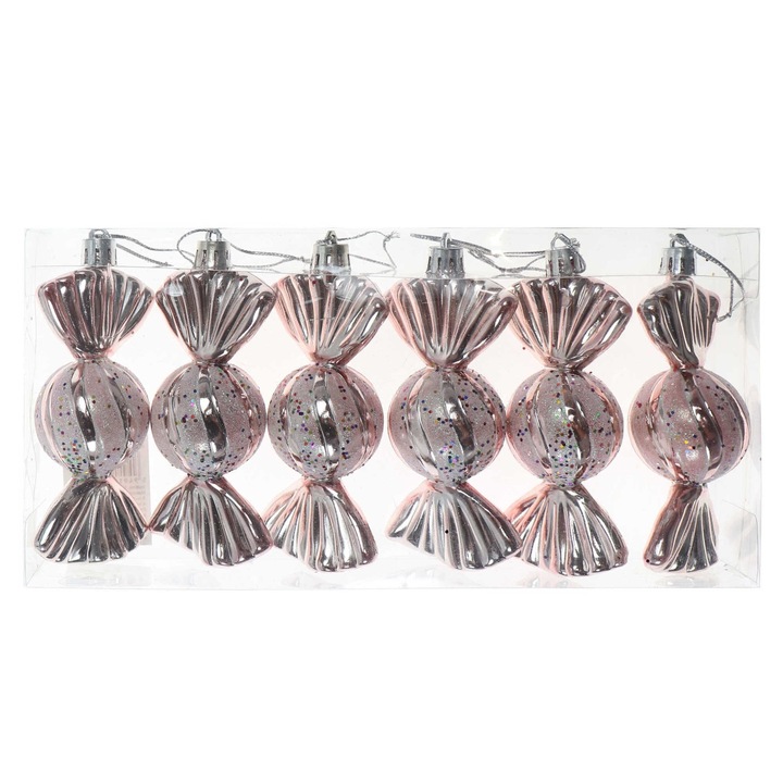 Globuri Craciun, bomboana roz, set 6 bucati, 10 cm