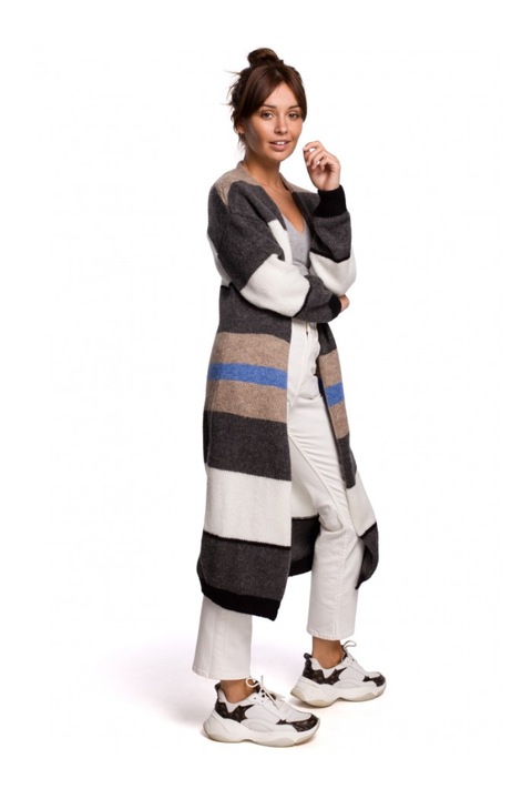 Cardigan cu dungi, Acril/Lana/Poliester - 65987, Alb/Negru/Gri/Albastru, L-XL