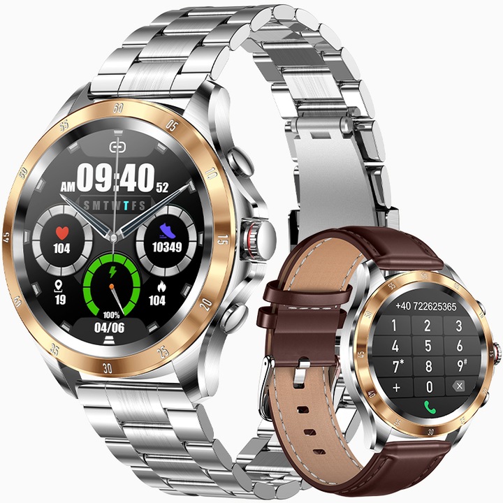 Смарт часовник Techmoon, 1,32 инча Full Touch, Bluetooth HD разговори, SMS/известия в социални медии, физическа активност/сън/наблюдение на сърдечната честота/SpO2 оксиметър, сребрист/златист