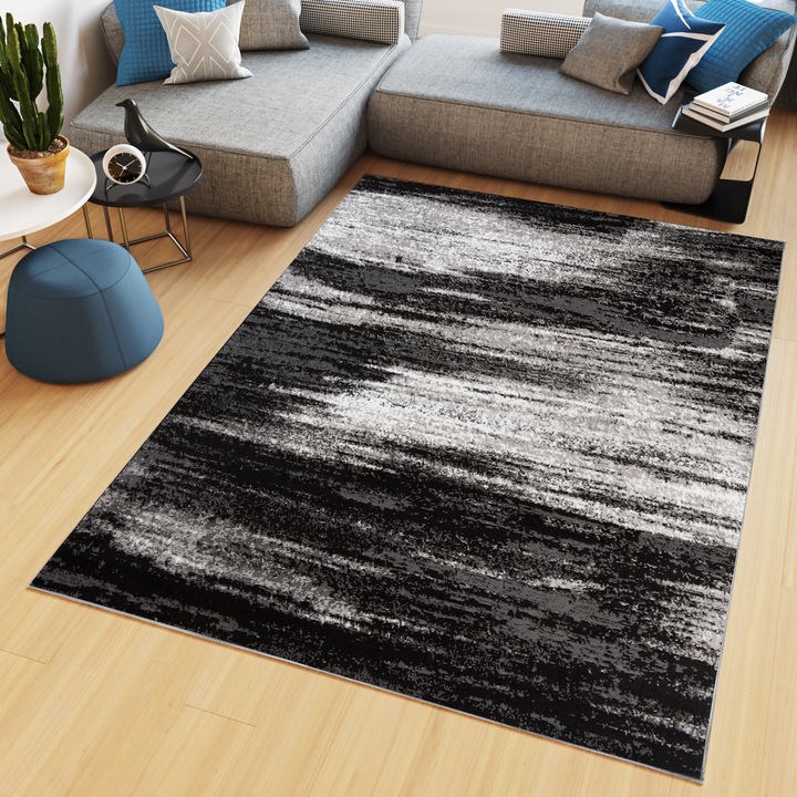 Covor, Tapiso, Maya, Material Polipropilena, Dimensiune 160x230 cm, Design Abstract, Destinat Pentru Camera De Zi, Dormitor, Hol, Bucatarie, Inaltime Fir 8 mm, Greutate 4.95 Kg, Z905D, Negru gri