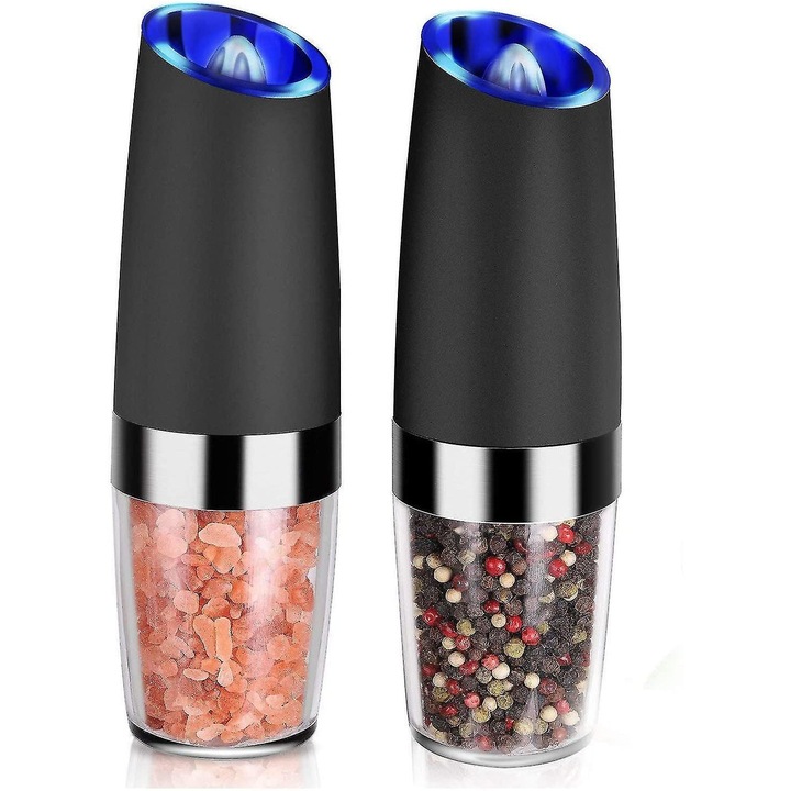 Set 2 Rasnite electrice automate pentru sare, piper si alte condimente, maruntire reglabila, mecanism ceramic, culoare neagra
