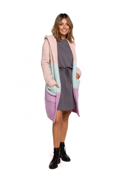 Cardigan cu gluga, Acril/Poliester/Lana, Bej/Mov/Albastru, S/M