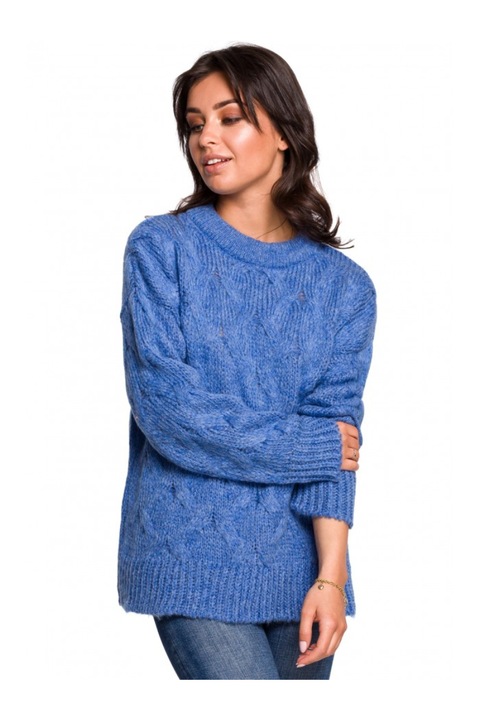 Pulover impletit cu maneca lunga, Bumbac/Acril/Poliester, Albastru