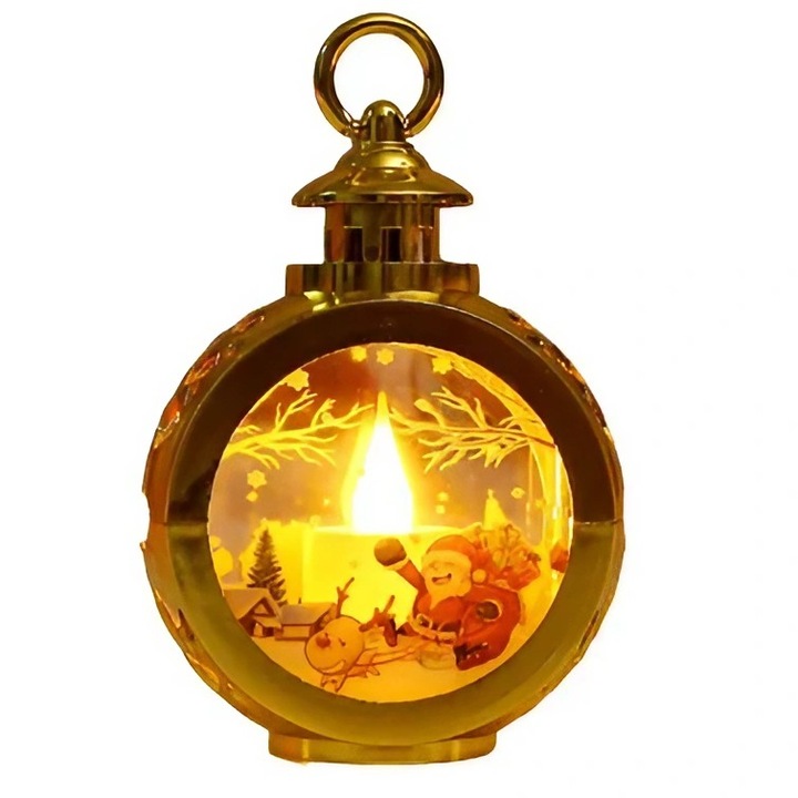 Decoratiune Craciun tip Felinare cu baterii, 13.5 x 9 cm, Lumanare cu geam si inscriptie Mos Craciun cu sanie, lumina alb cald, baterii incluse, Auriu