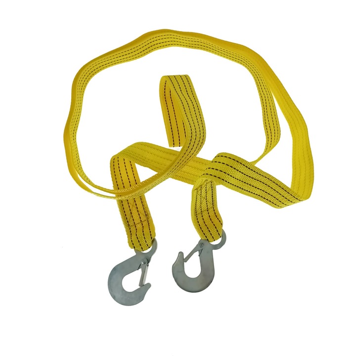 Chinga remorcare si tractare auto, 3 metri, carlige otel, sarcina maxima 2T, galbena Carlig cu guler Chinga remorcare