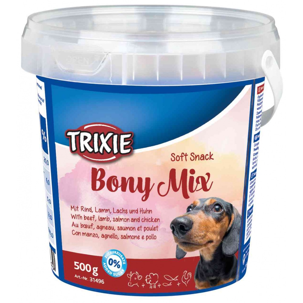 Recompensa Trixie Soft Snack Bony Mix cu miel, somon, si pui 500 g, in galeata 31496