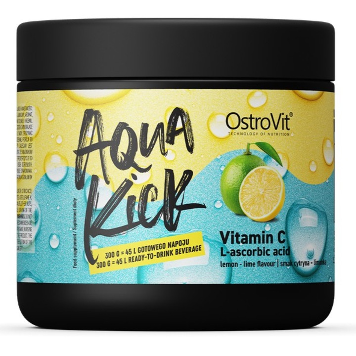 Хранителна добавка OstroVit Aqua Kick / Advanced Hydration with Vitamin C, Лимон и лайм, 300 грама