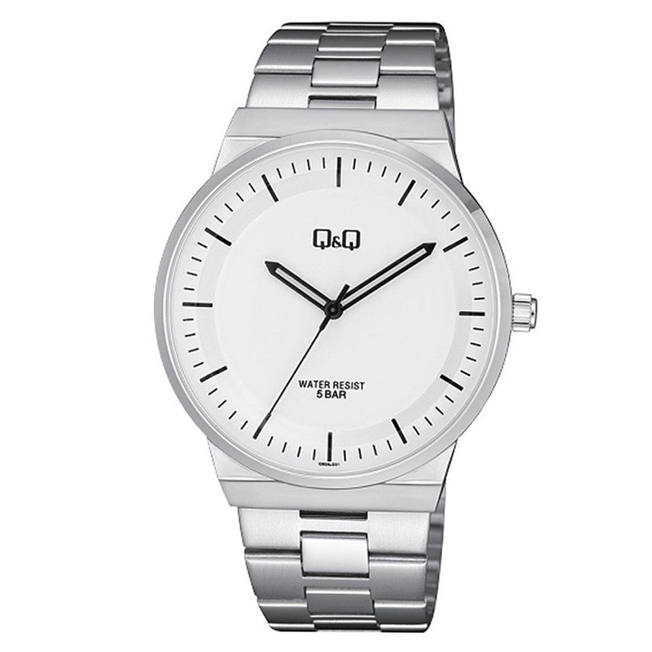 Q&Q férfi fémcsatos karóra, ezüst színű tok, ezüst színű szíj, fehér számlap, QB06J201Y