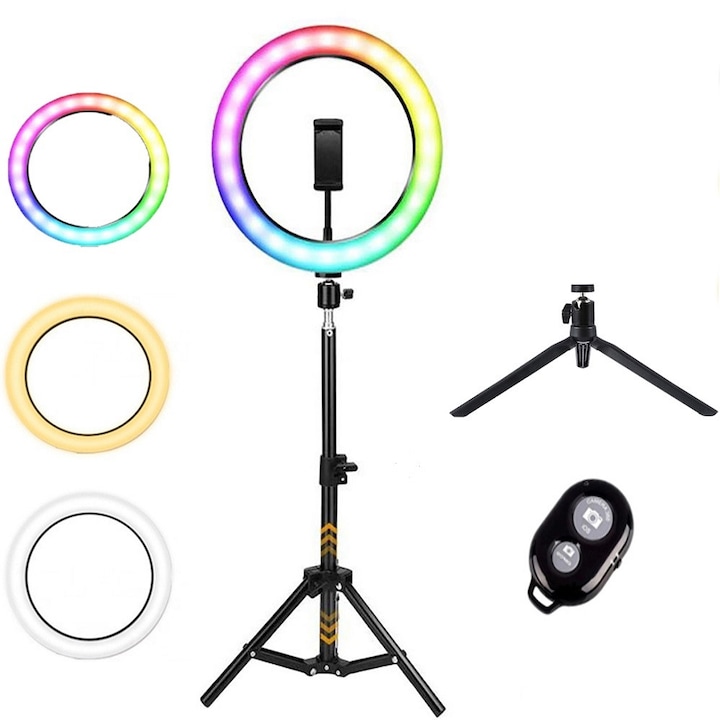 Lampa circulara Ring Light 26cm/10" INCH cu lumina RGB, Conectare usb, Trepied Mare, Trepied mic, Telecomanda Selfie, TikTok, Video, Poze, Selling Depot