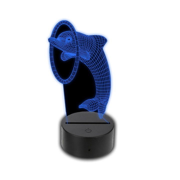 Lampa LED 3D, Praktikusajandekok, Model delfin, Alimentare USB, Plastic/Acril, 20x14 cm, Negru/Transaprent