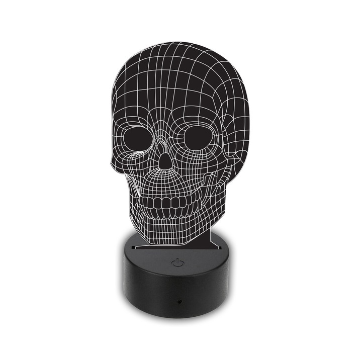Lampa LED 3D, Praktikusajandekok, Model craniu, Alimentare USB, Plastic/Acril, 20x14 cm, Negru/Transaprent