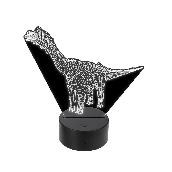 Lampa LED 3D, Praktikusajandekok, Model Brachiosaurus, Alimentare USB, Plastic/Acril, 20x14 cm, Negru/Transaprent
