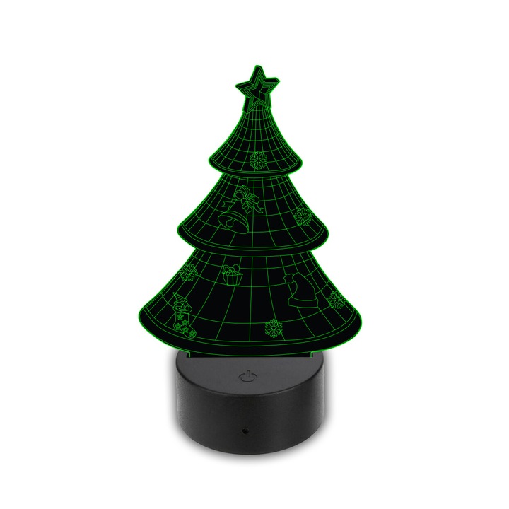 Lampa LED 3D, Praktikusajandekok, Model brad, Alimentare USB, Plastic/Acril, 20x14 cm, Negru/Transaprent