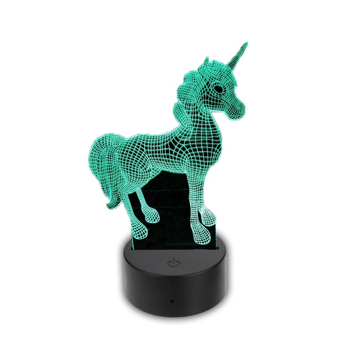 Lampa LED 3D, Praktikusajandekok, Model unicorn, Alimentare USB, Plastic/Acril, 20x14 cm, Negru/Transaprent