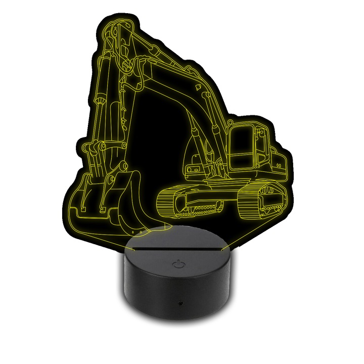 Lampa LED 3D, Praktikusajandekok, Model excavator, Alimentare USB, Plastic/Acril, 20x14 cm, Negru/Transaprent